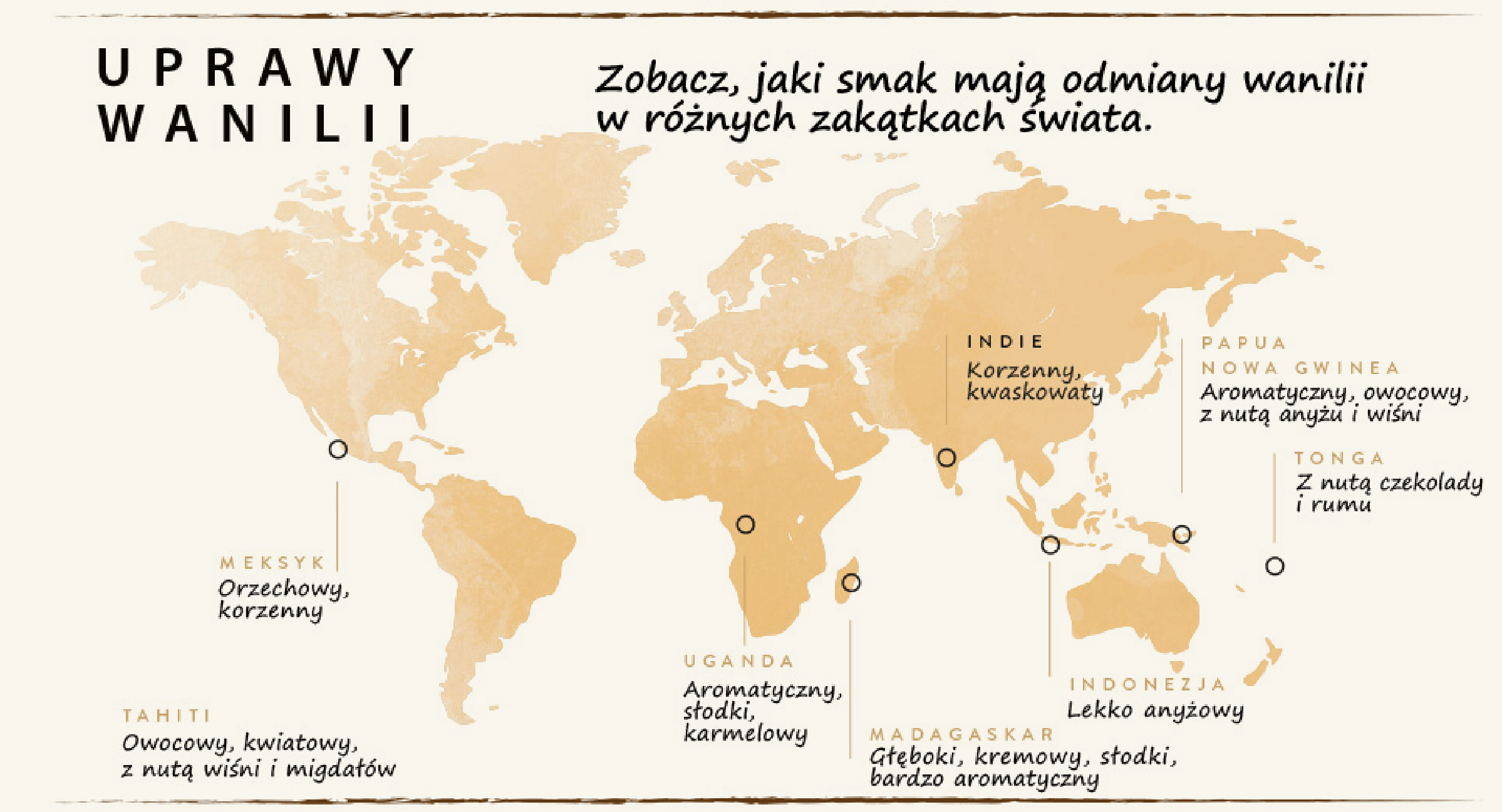 Mapa świata przedstawiająca miejsce upraw wanilii i smaki wanilii.