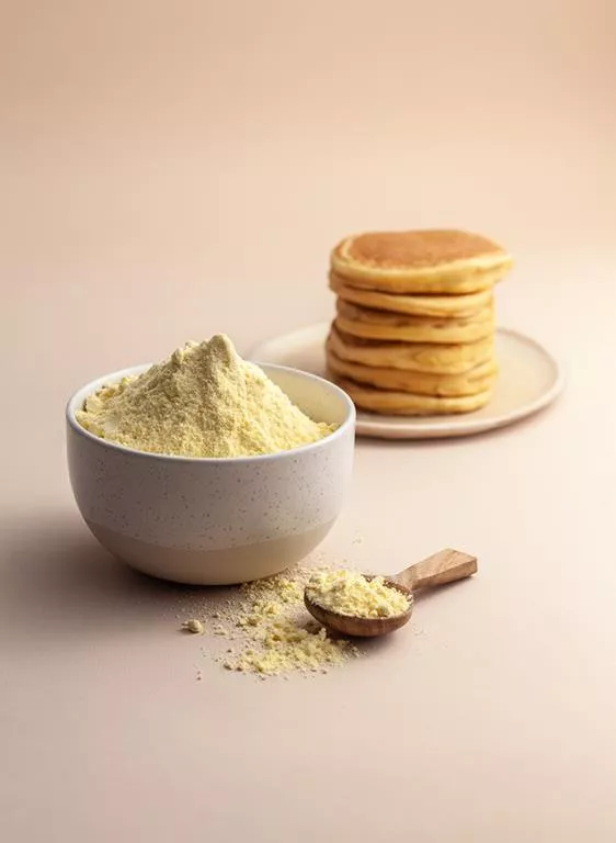 Mąka kukurydziana w miseczce i pancakes kukurydziane.