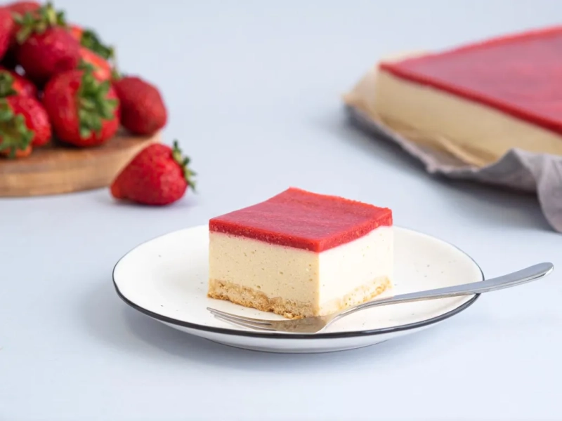 tofurnik na zimno z musem owocowym, w tle świeże truskawki