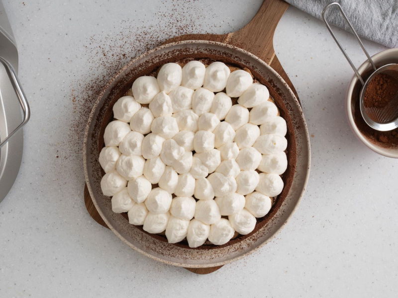 Nałożony ganache z białej czekolady na tartę tiramisu.