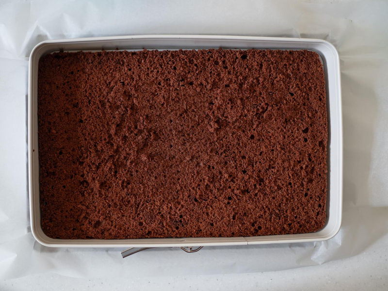 przekrojony biszkopt kakaowy w prostokątnej formie
