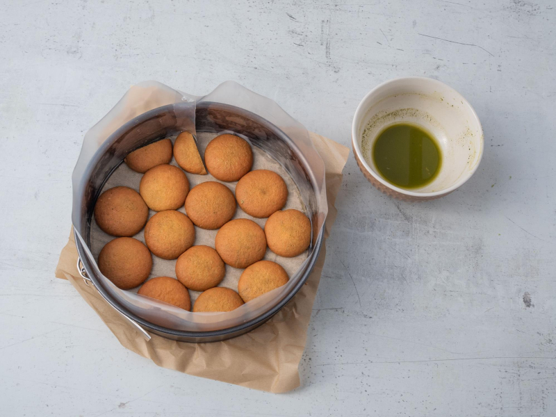 w tortownicy na spodzie poukładane na dnie biszkopty nasączone matchą