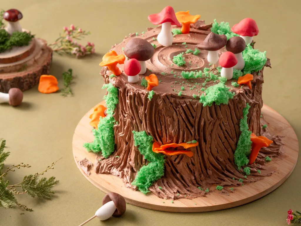 na drewnianej paterze tort w kształcie pnia drzewa, ozdobiony cukrowymi grzybkami i jadalnym mchem