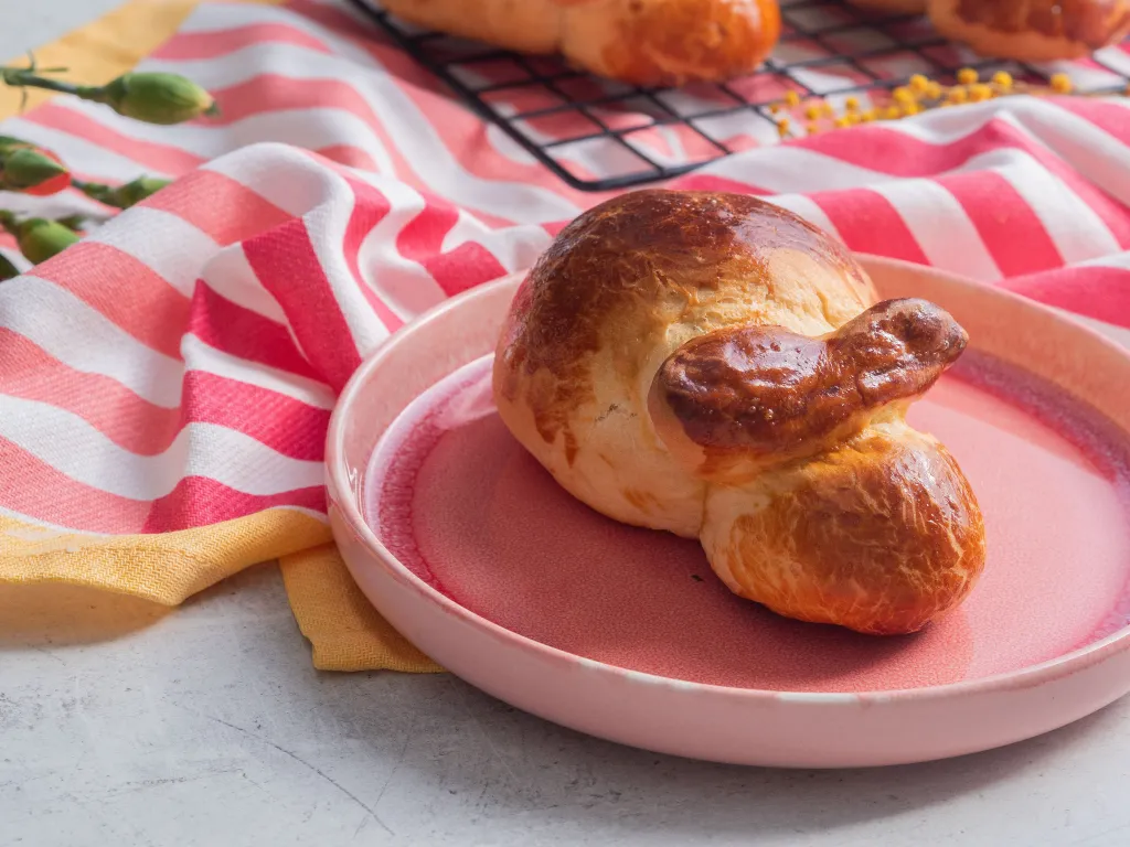 na różowym talerzyku bułka w kształcie króliczka