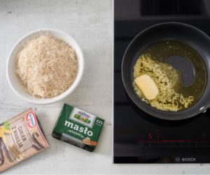 w miseczce pokrojone ciasto kataifi na patelni rozpuszczone maslo kerygold