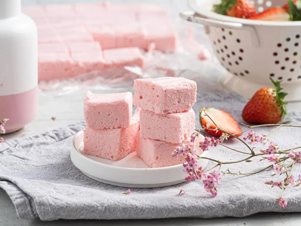 Proteinowe pianki truskawkowe pokrojone w kostkę na talerzyku - przepis Wszystkiego Słodkiego